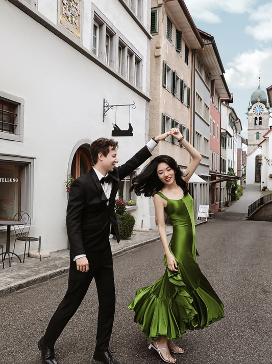 Sexy Mermaid Strap Green Satin Open Back Long Party Dress Prom Dress DP2538