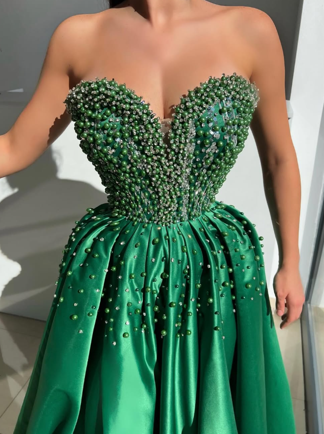 Gorgeous A Line Sweetheart Neck Pearl Rhinestone Green Satin Prom Dress Evening Dress DP1816