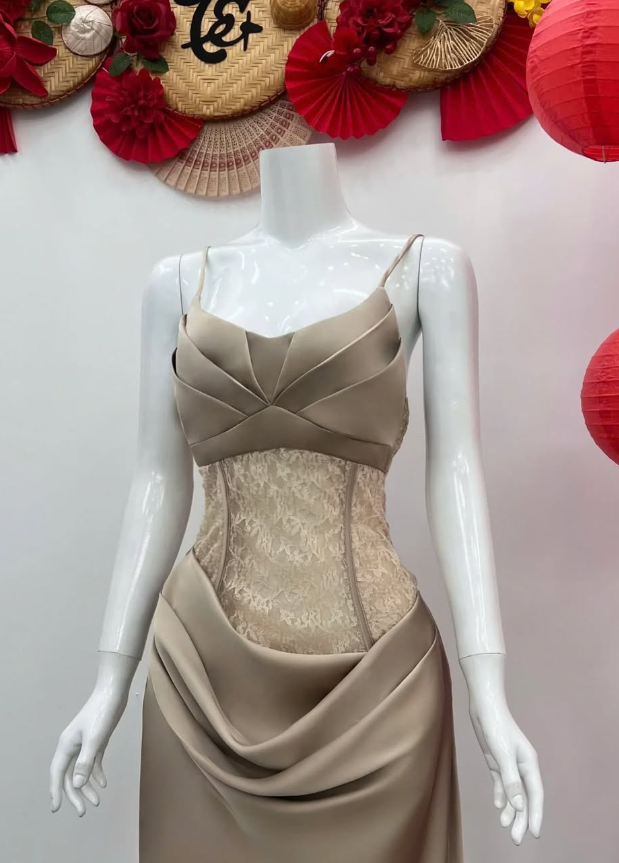 Elegant Sheath Spaghetti Straps Lace Satin Long Prom Dress Evening Dress DP1555