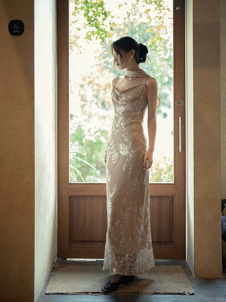 Vinatge Sheath Spaghetti Strap Exquisite Beaded Chiffon Long Prom Dress Party Dress DP4534
