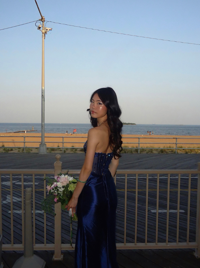 Navy Blue Mermaid Sweetheart Neck Beaded Satin Prom Dress Evening Dress with Slit DP3463