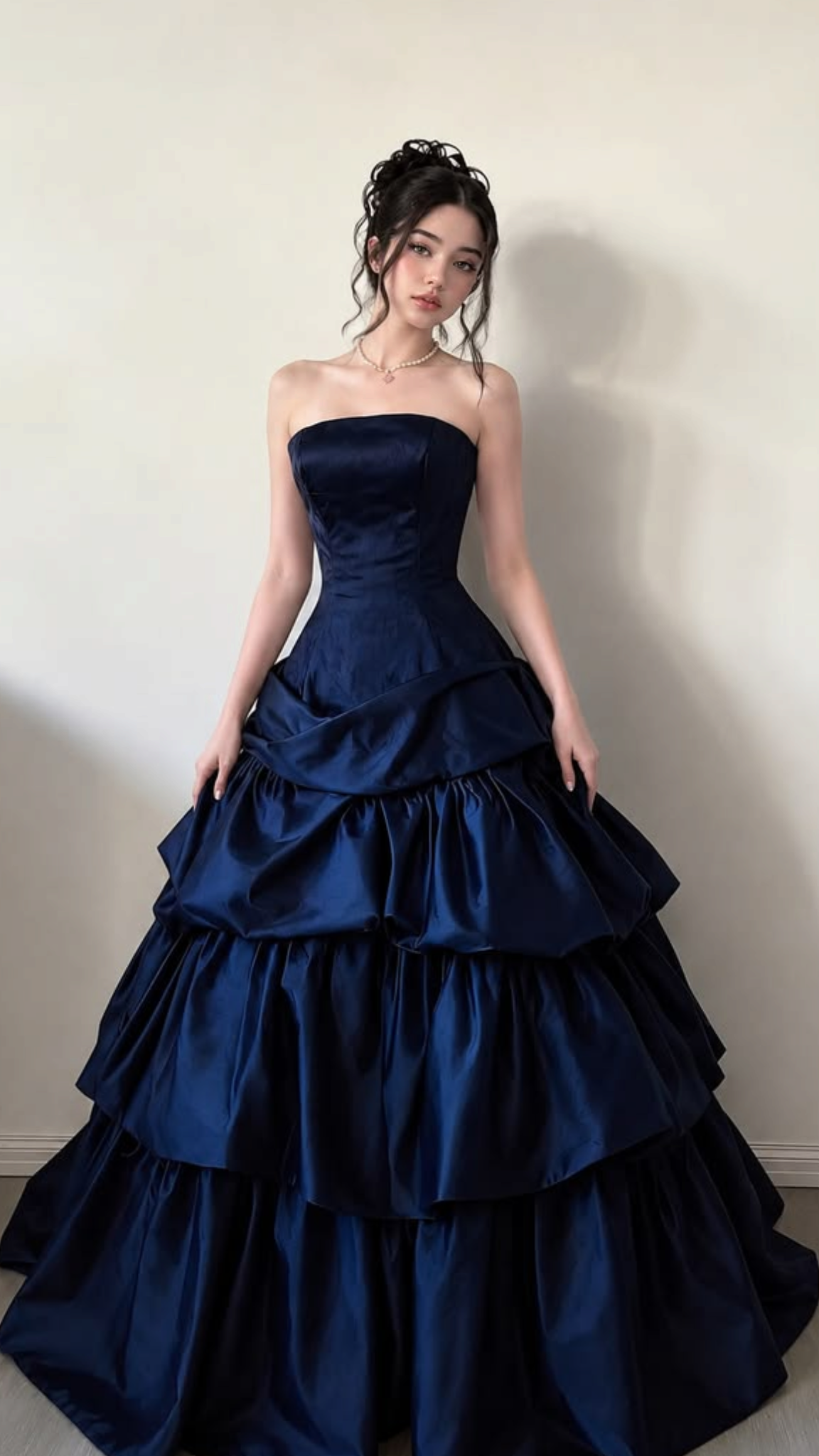 Navy Blue A Line Strapless Layered Satin Long Prom Dress Evening Dress DP7502