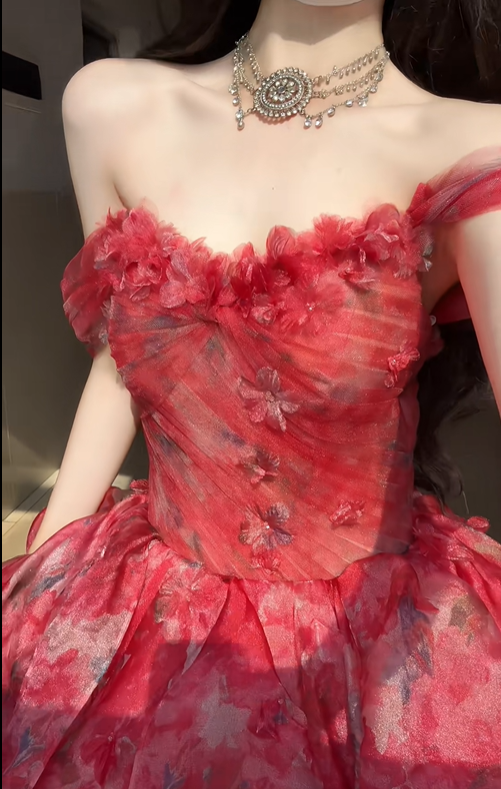 Red A Line Off the Shoulder Print Floral Chiffon Tulle Prom Dress Graduation Ball Gown DP4567