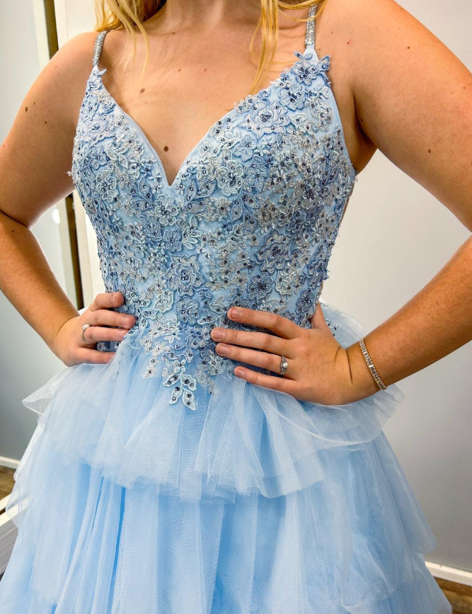 Baby Blue A Line Spaghetti Strap Applique Layered Tulle Prom Dress Evening Dress DP6525