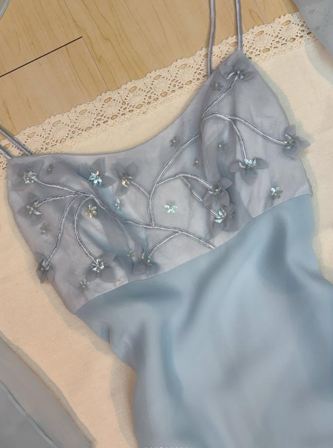 Baby Blue Sheath Spaghetti Straps Appliques Chiffon Prom Dress Evening Dress DP1790