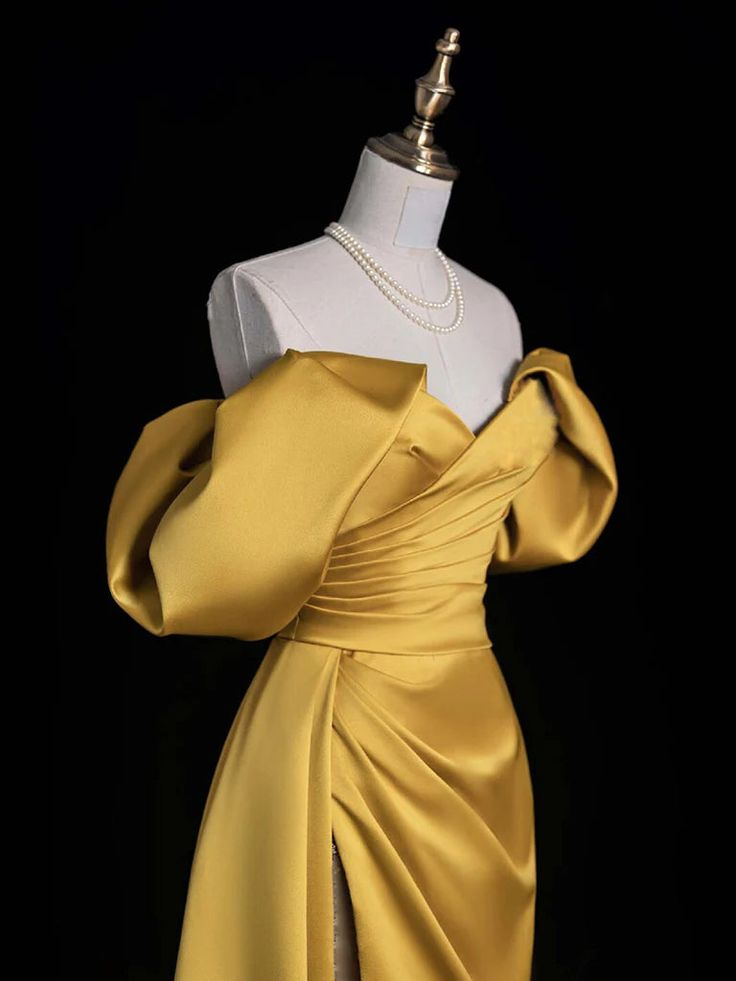 Off Shoulder Slit Satin Gold Long Prom Dress Evening Dress DP652