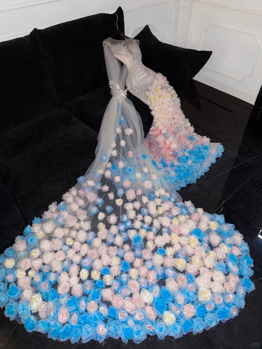 Stunning Mermaid Round Neck Rhinestone Flower Tulle Prom Dress Party Dress DP2681