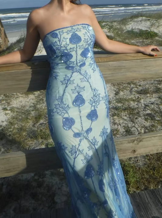 Vintage Sheath Strapless Beaded Appliques Blue Chiffon Satin Prom Dress Evening Dress DP2231