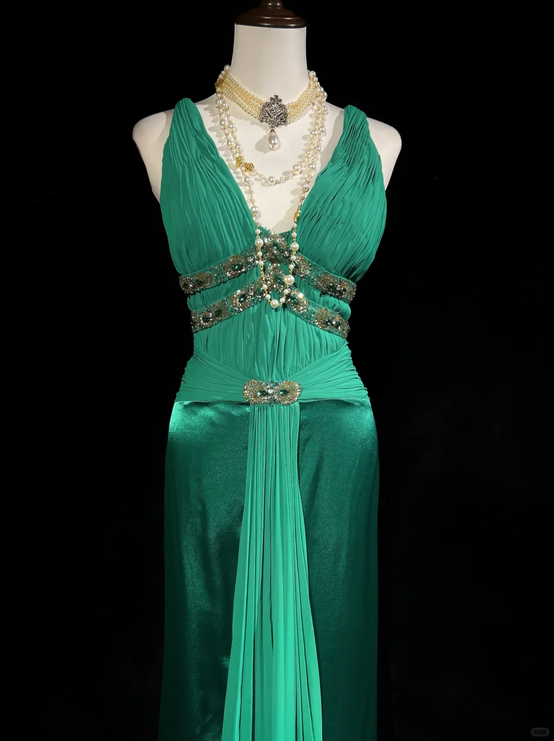 Vintage V Neck Beaded Hunter Green Satin Chiffon Long Prom Dress Party Dress DP2768
