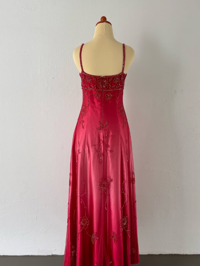 Elegant A Line Spaghetti Strap Beaded Red Ombre Tulle Satin Prom Dress Evening Dress DP2234