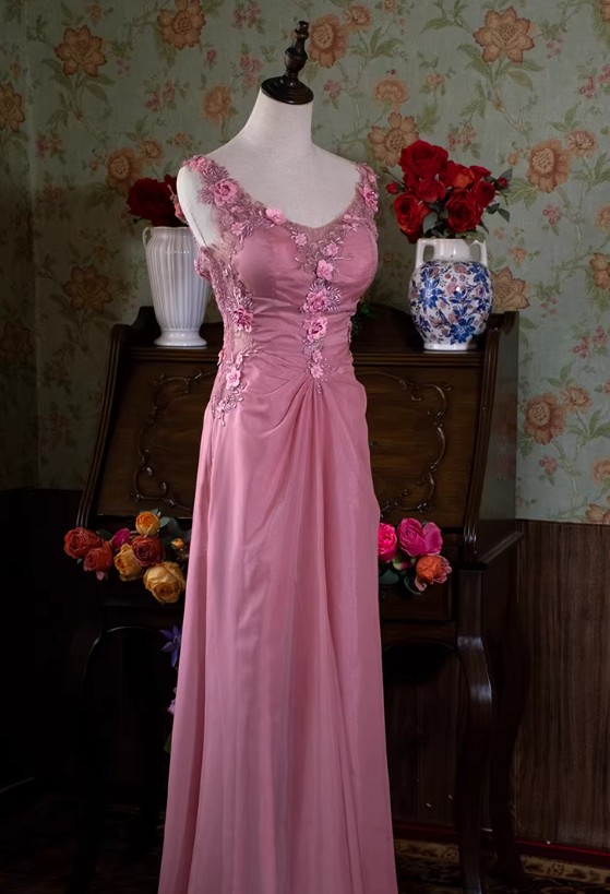 Elegant Pink A Line Spaghetti Strap Appliques Beaded Satin Backless Prom Dress DP4696