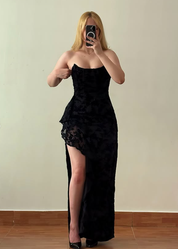 Sexy Black Lace A Line Strapless Slit Prom Dress Evening Dress DP6431
