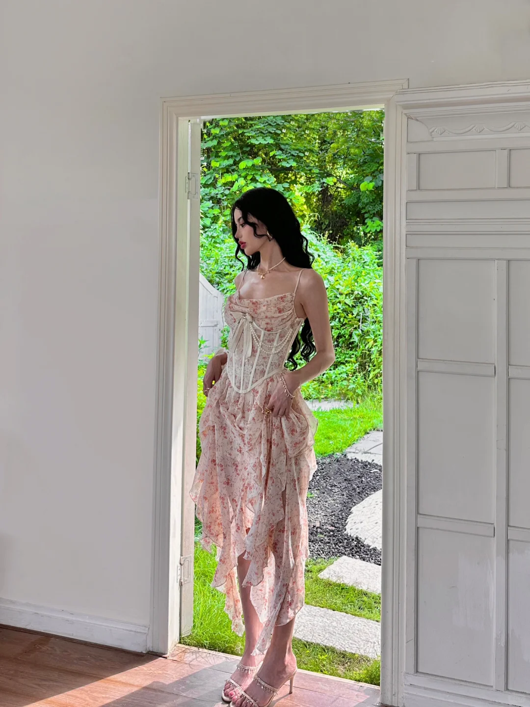 Gentle A Line Spaghetti Strap Print Floral Chiffon Long Prom Dress Party Dress DP3964