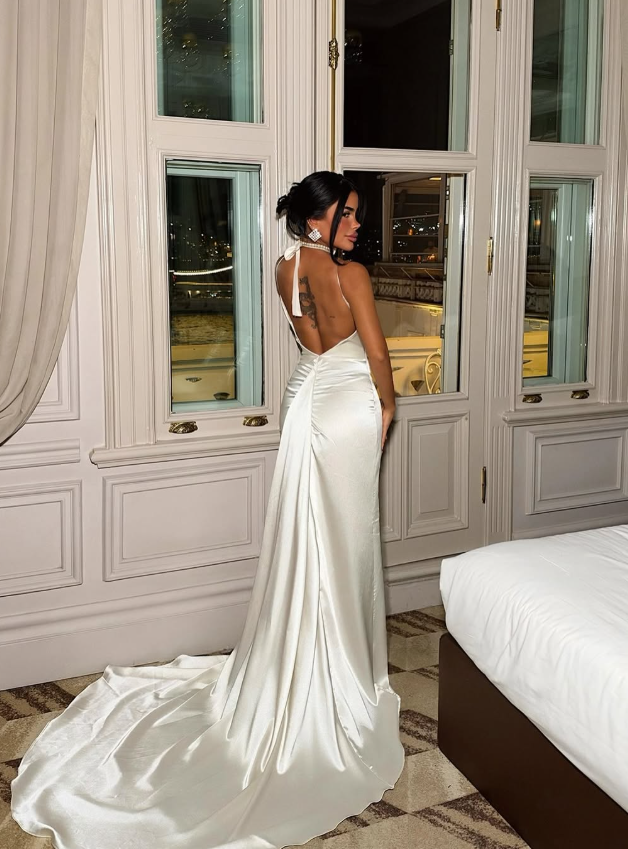 Chic Mermaid Spaghetti Strap White Satin Long Train Prom Dress Party Dress DP8206