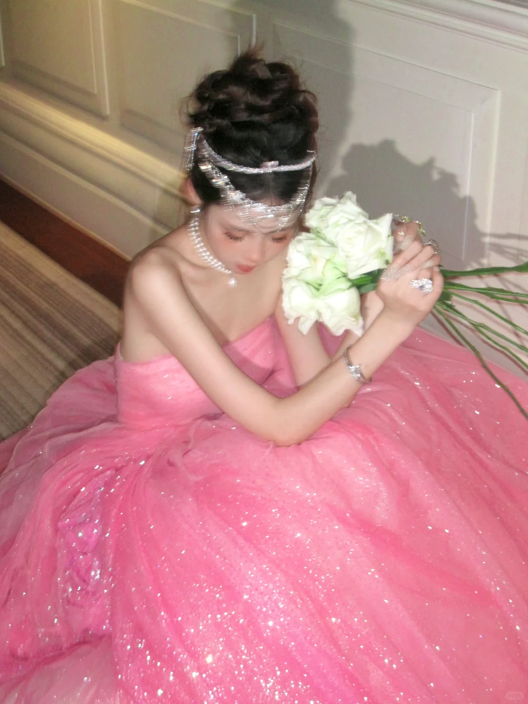 Pink Ball Gown Strapless Floral Sequin Pink Tulle Long Party Dress Evening Dress DP2417