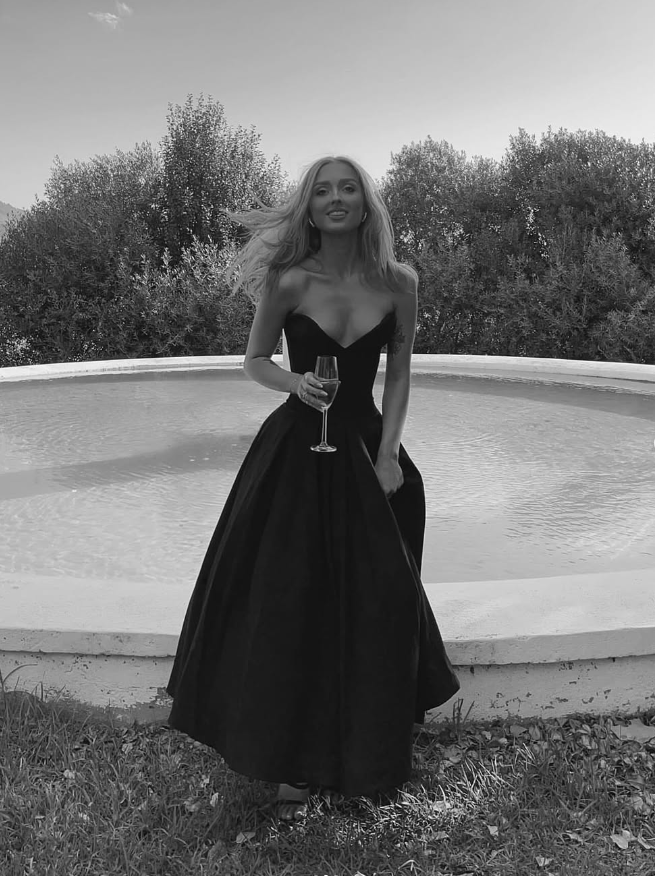 Elegant A Line V Neck Black Satin Long Prom Dress Evening Dress DP1585