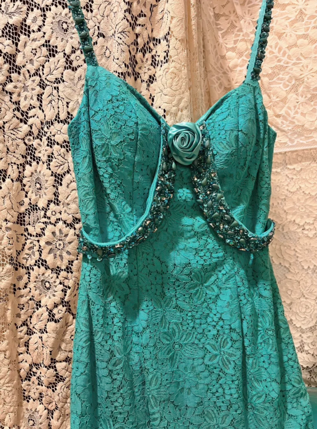 Vintage Mermaid Spaghetti Strap Beaded Blue Lace Tulle Prom Dress Wedding Guest Dress DP4278