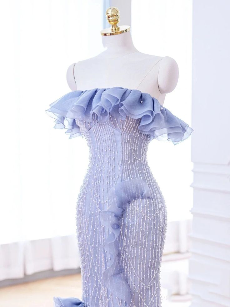 Elegant Lavender Flower Ruffles Beaded Lace Prom Dress Mermaid Evening Dress DP162