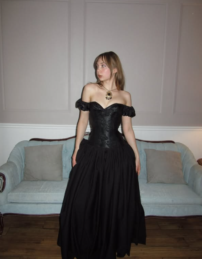 Black A Line Off the Shoulder Print Floral Satin Prom Dress Evening Dress DP3992
