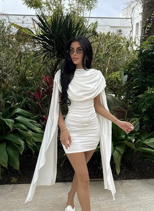 White Sexy Sheath Pleated Satin Short Homecoming Dress Cocktail Dress with Cape DP3197