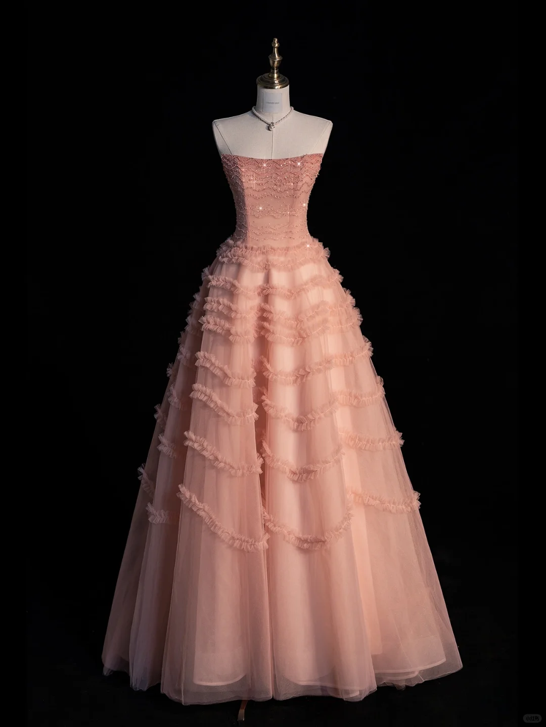 Pink A Line Strapless Beaded Tulle Long Prom Dress Graduation Prom Dress DP2184