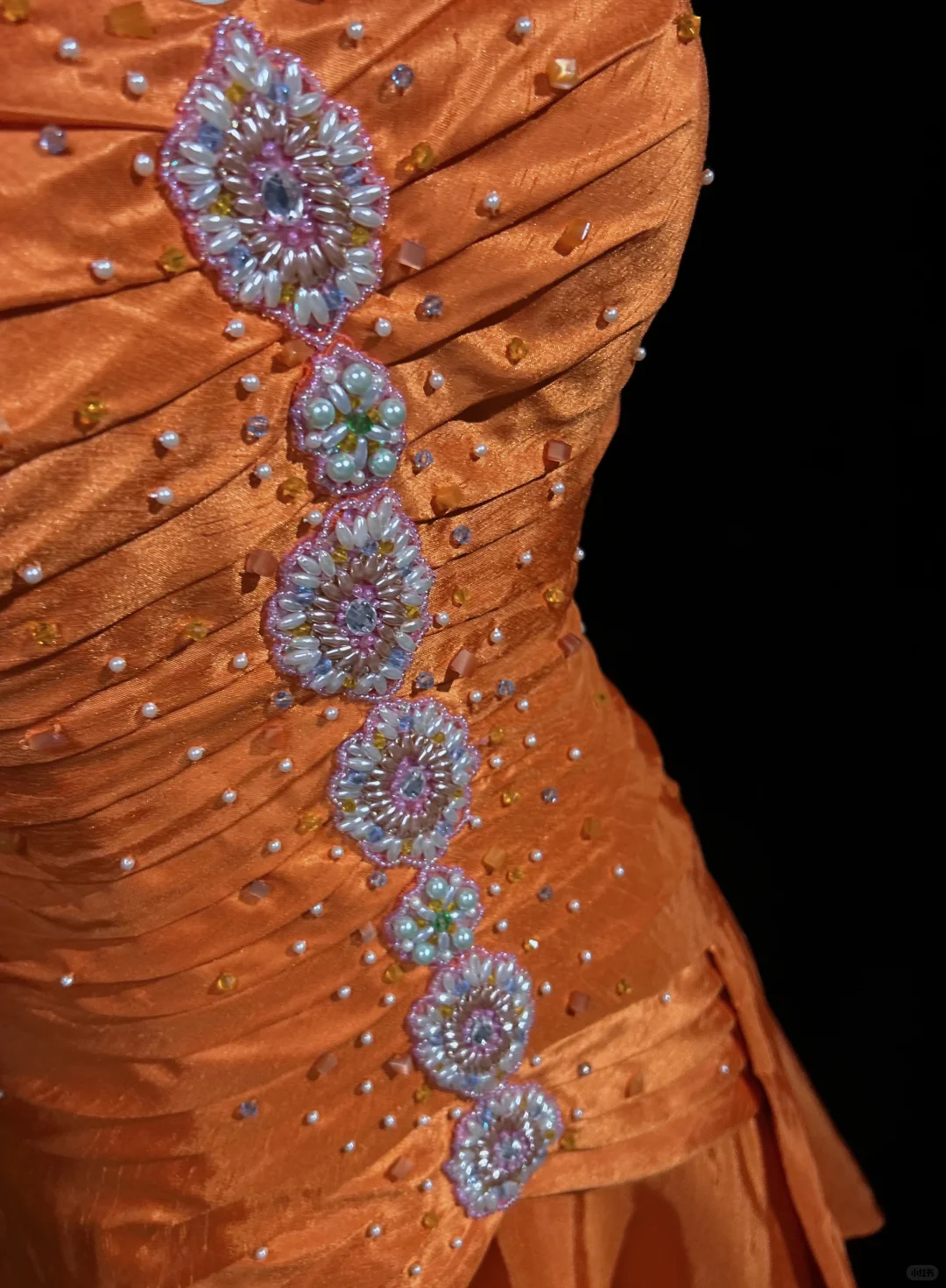 Vintage A Line Spaghetti Strap Beaded Pleated Bright Orange Satin Prom Dress Party Dress DP2765