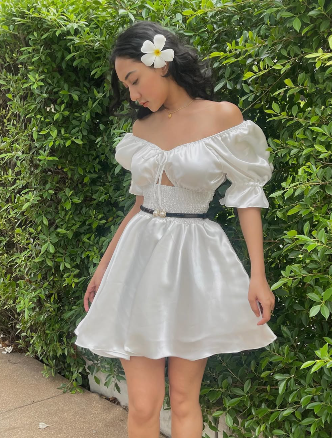 White A Line Off the Shoulder Satin Short Homecoming Dress Outfits DP1487
