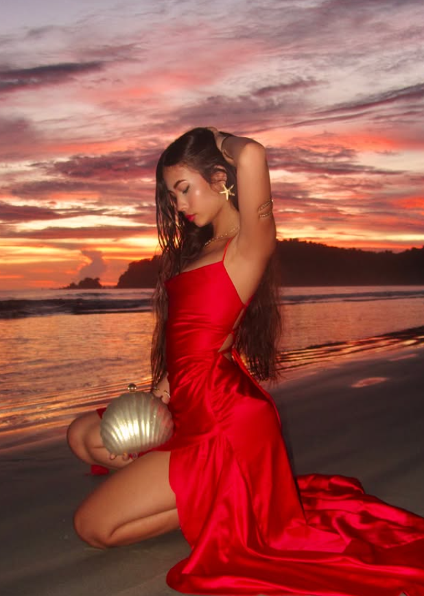 Red Mermaid Spaghetti Strap Ruffle Satin Open Back Prom Dress Vacation Dress with Slit DP3989