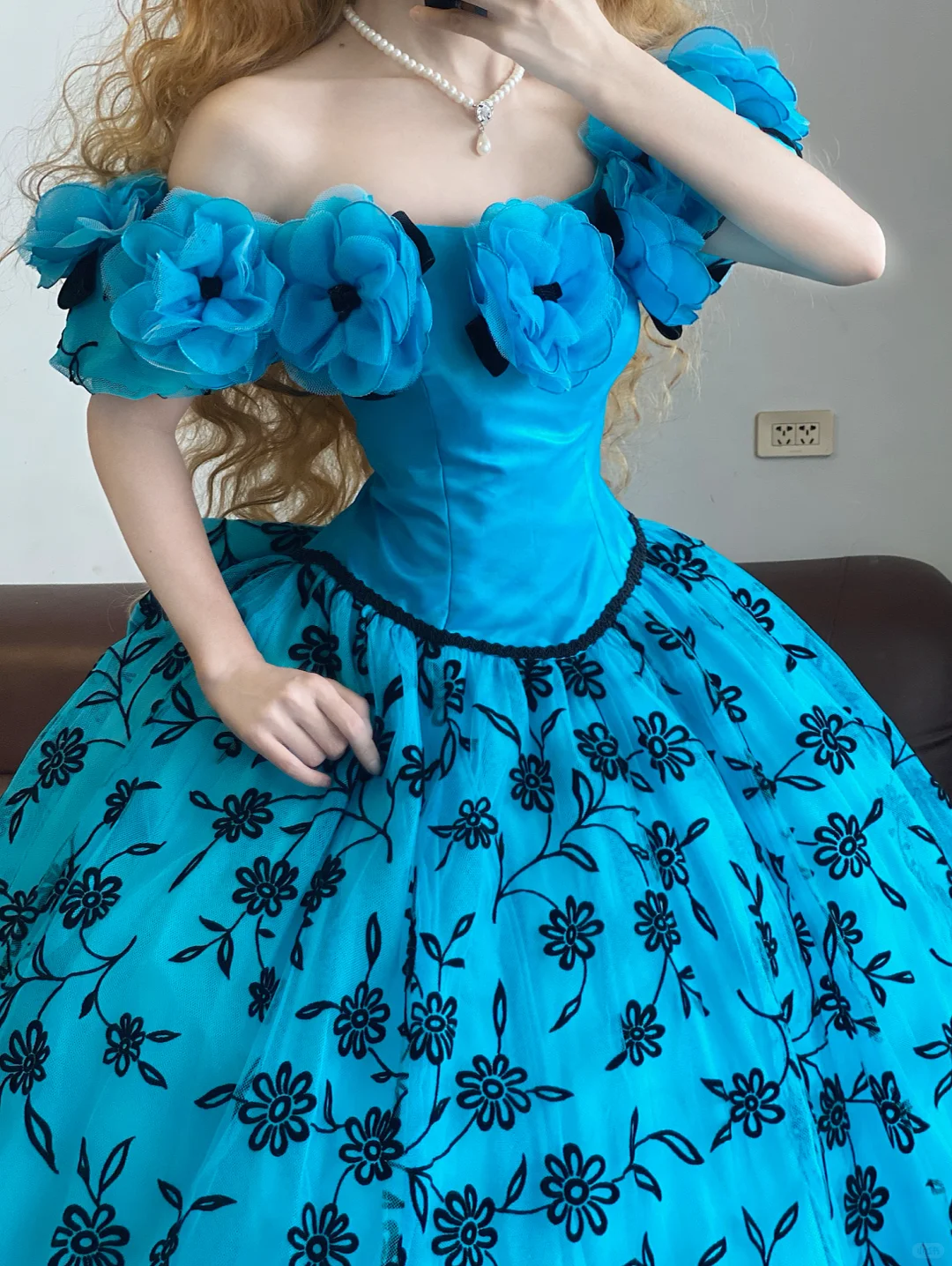 Blue Ball Gown Off the Shoulder Floral Organza Long 16th Birthday Dress Party Dress Quinceanera Dress DP4088