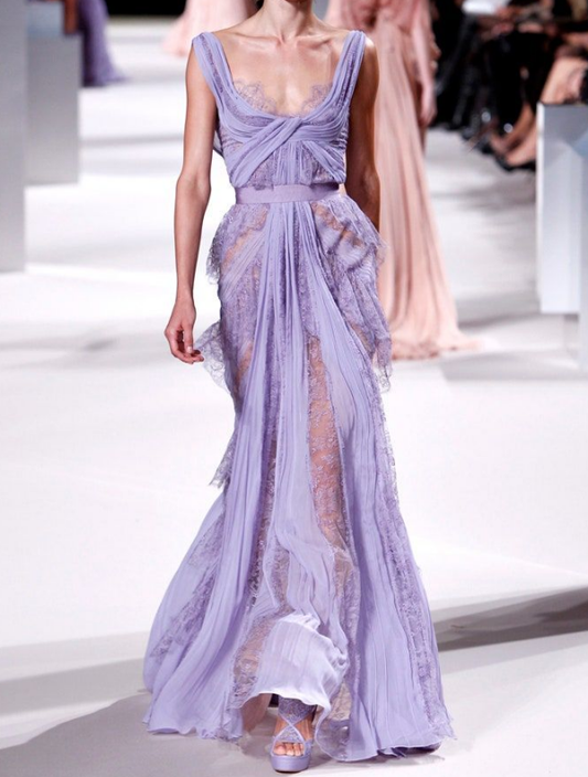 Dreamy A Line Strap Purple Lace Chiffon Long Prom Dress Graduation Prom Dress DP2075