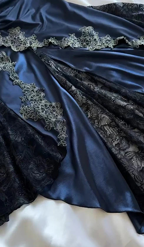 Elegant Navy Blue Spaghetti Straps Mermaid Satin Appliques Prom Dresses Party Dresses DP2666