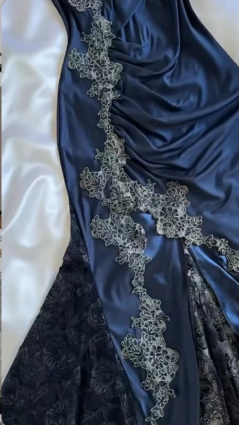 Elegant Navy Blue Spaghetti Straps Mermaid Satin Appliques Prom Dresses Party Dresses DP2666