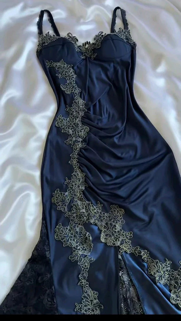 Elegant Navy Blue Spaghetti Straps Mermaid Satin Appliques Prom Dresses Party Dresses DP2666