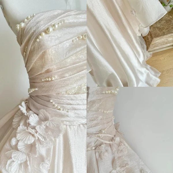 Sweet Pink A Line Tulle Satin Long Prom Dresses Strapless Applique Wedding Dresses DP2668