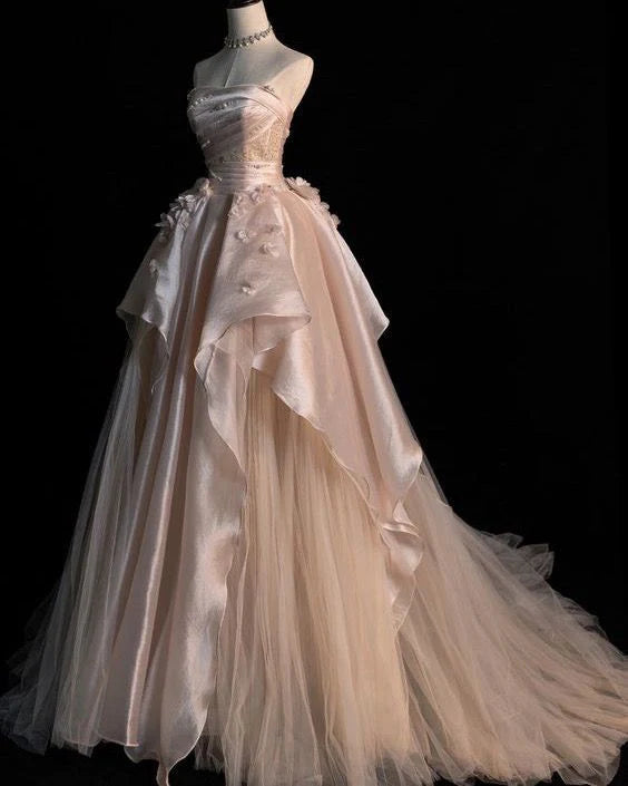 Sweet Pink A Line Tulle Satin Long Prom Dresses Strapless Applique Wedding Dresses DP2668