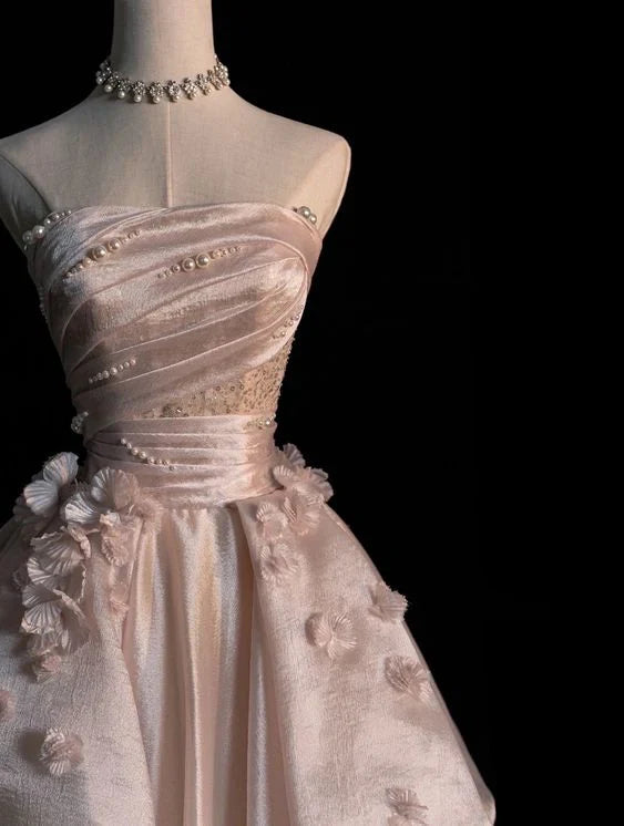 Sweet Pink A Line Tulle Satin Long Prom Dresses Strapless Applique Wedding Dresses DP2668