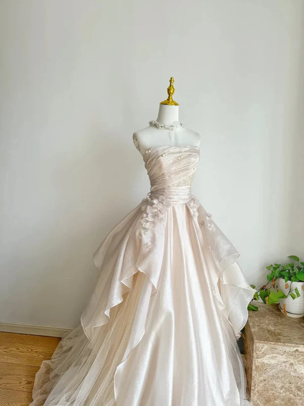 Sweet Pink A Line Tulle Satin Long Prom Dresses Strapless Applique Wedding Dresses DP2668