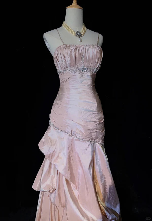 Gentle Pink Mermaid Evening Dress Spaghetti Straps Satin Layered Pleated Prom Dress with Beading DP2669
