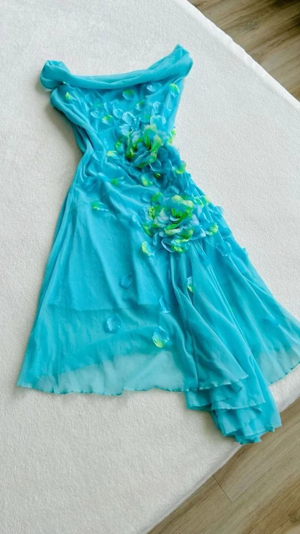Sweet 16 Blue Off-shoulder Chiffon Bodycon Short Party Dresses 3D Applique Enchanted Homecoming Dresses DP7536