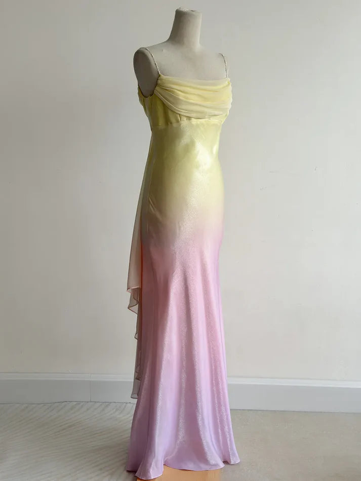 Fairytale Gradient Yellow Pink Spaghetti Straps Mermaid Satin Prom Dresses Vintage Evening Gowns DP4217