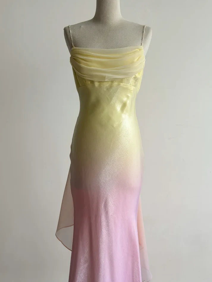 Fairytale Gradient Yellow Pink Spaghetti Straps Mermaid Satin Prom Dresses Vintage Evening Gowns DP4217