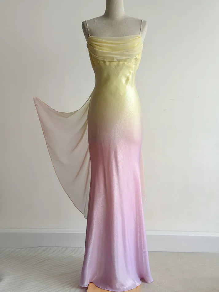 Fairytale Gradient Yellow Pink Spaghetti Straps Mermaid Satin Prom Dresses Vintage Evening Gowns DP4217