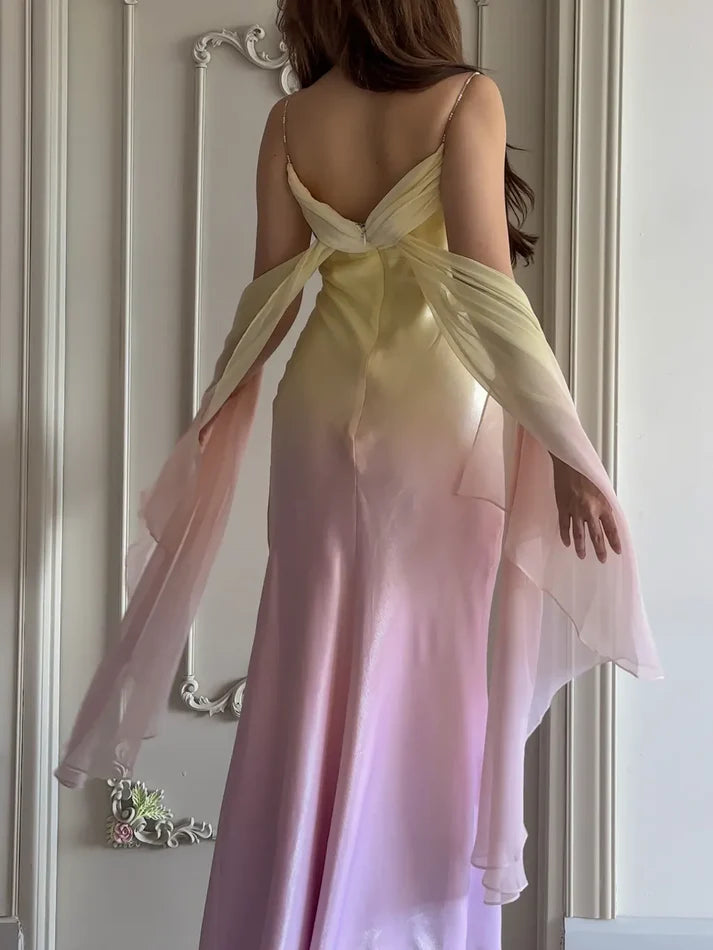 Fairytale Gradient Yellow Pink Spaghetti Straps Mermaid Satin Prom Dresses Vintage Evening Gowns DP4217