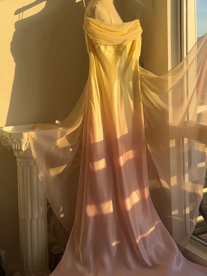 Fairytale Gradient Yellow Pink Spaghetti Straps Mermaid Satin Prom Dresses Vintage Evening Gowns DP4217