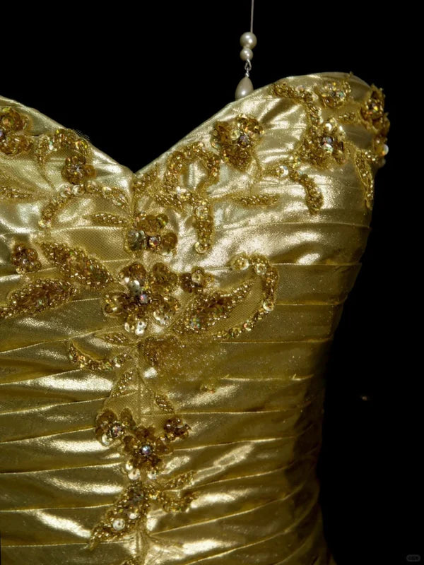 Golden Ball Gown Sweetheart Neck Beaded Pleated Satin Homecoming Dresses Cocktail Dress DP3249