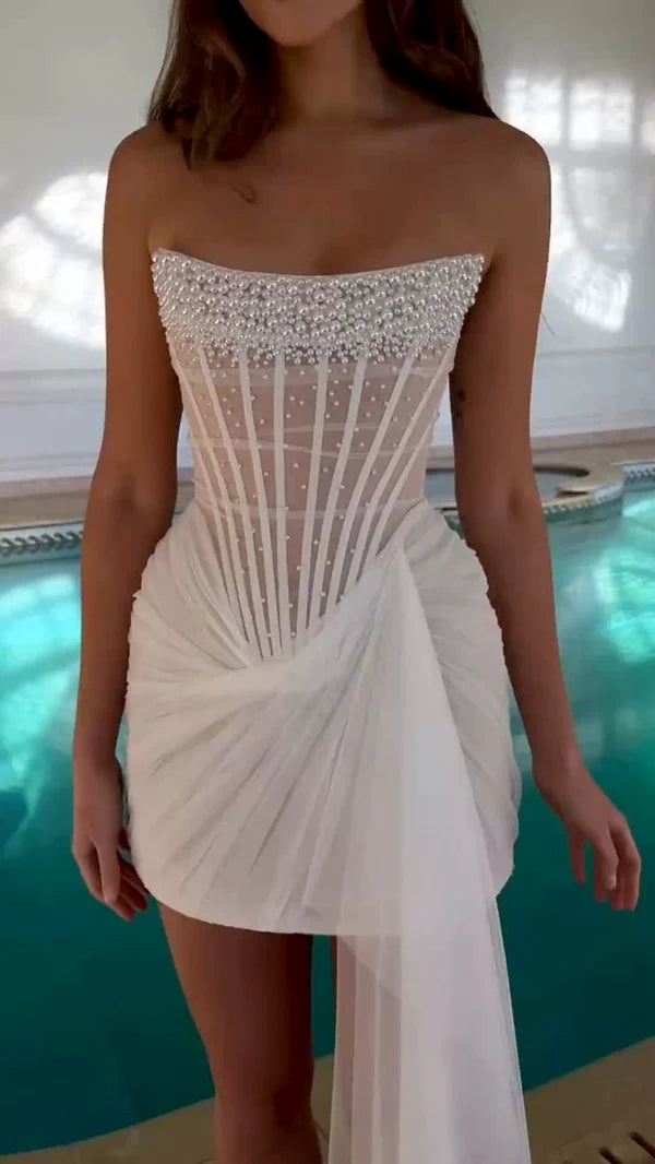 Exquisite White Pearl Sheath Strapless Corset Tulle Homecoming Dresses Cocktail Dress DP3255