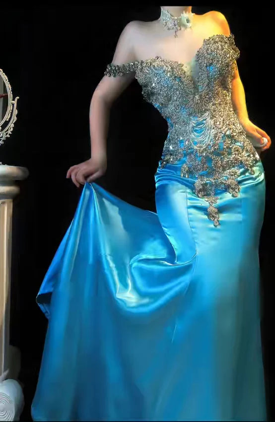 Exquisite Beaded Blue Mermaid Off the Shoulder Satin Prom Dress Evening Dress Formal Dress DP3275