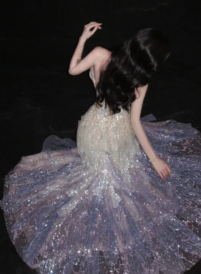 Stunning Purple Ombre Mermaid Halter Exquisite Beaded Tulle Prom Dress DP5034