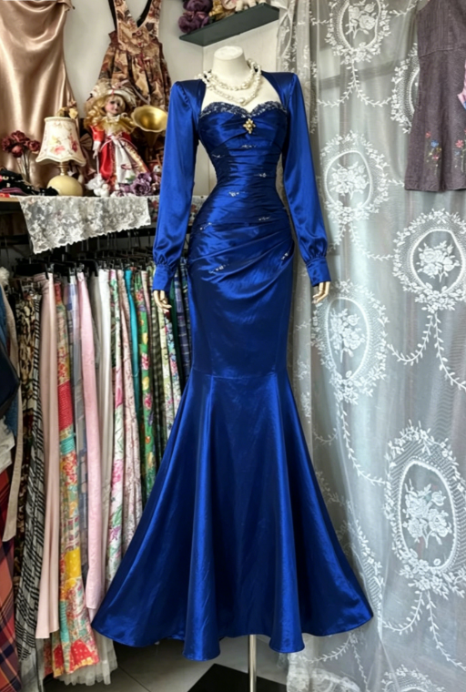 Vintage Royal Blue Mermaid Long Sleeve Beaded Satin Prom Dress Evening Dress DP5252