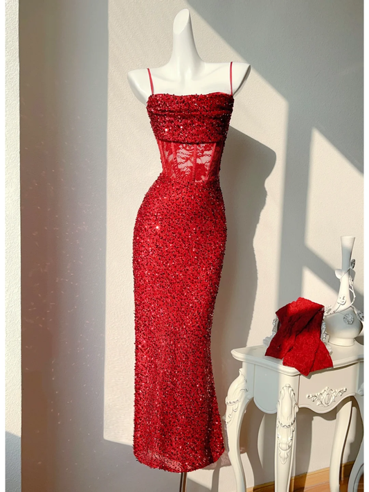 Sexy Sheath Spaghetti Strap Corset Red Lace Sequin Party Dress Evening Dress DP2591